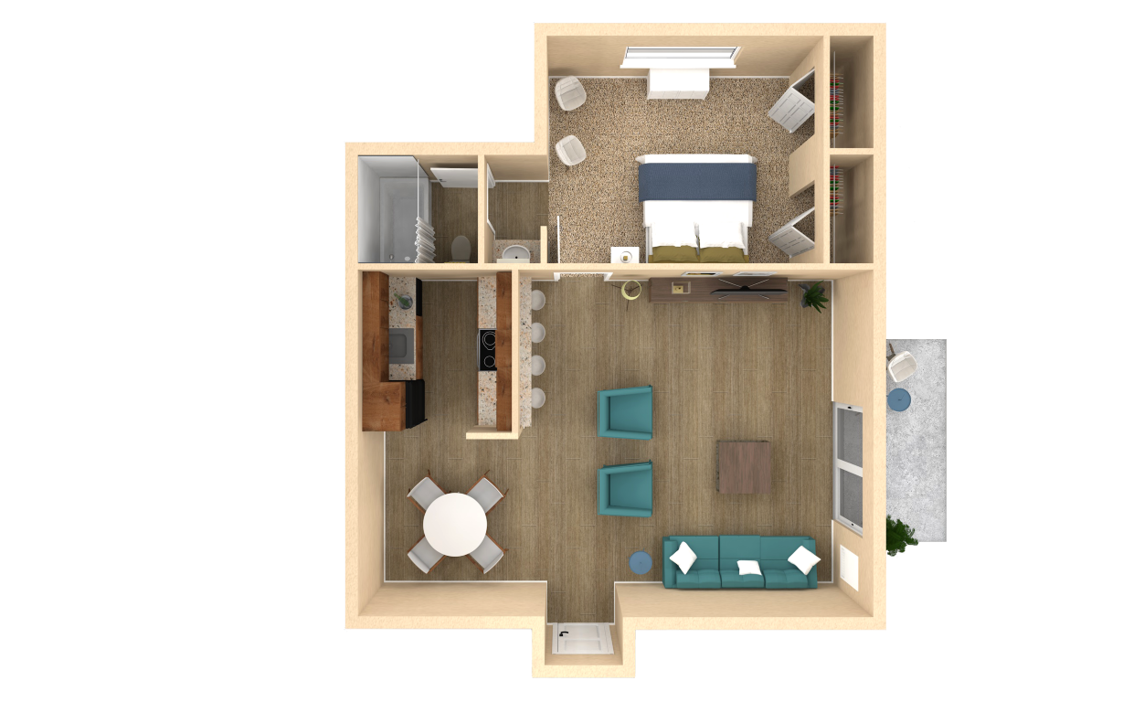 Floor plan for 1 bed, 1 bath, 640 sqft